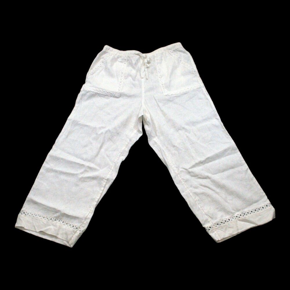 Joie 100% Linen Cropped Wide Leg Pants White Lace Coastal Beach Vacation Size L